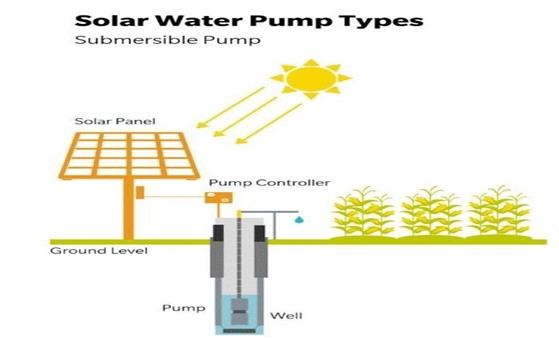 This photo shows a solar water pump installed in a field, demonstrating its application in agricultural irrigation